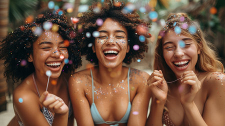 Three young happy young women in swimsuits having fun with confetti.の素材