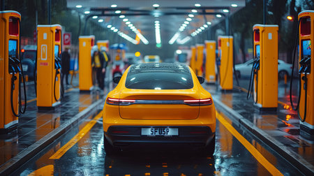 Yellow electro sport car at the charging station.の素材
