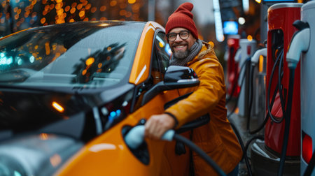 Smiling middle-aged man in a yellow coat and red hat recharging electric car at EV station.の素材