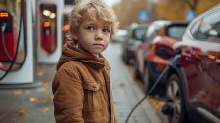 Portrait of a little boy with blond hair in a brown jacket next to the electric car.の素材