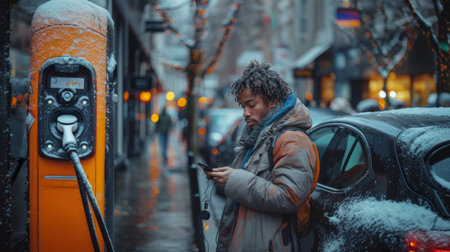 Young man using a smartphone on a snowy street and charging electric car.の素材