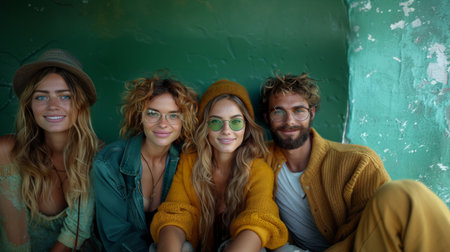 Portrait of a group of friends sitting in a row and smilingの素材