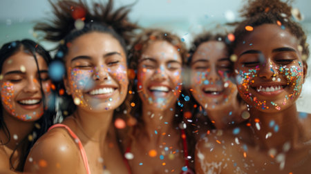 Group of happy multiethnic women in swimsuits posing with confetti on their facesの素材
