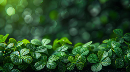 Green clover leaves with bokeh background and copy space.の素材