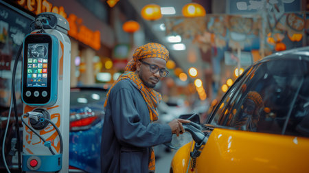 Portrait of indian man wearing eyeglasses and turban refueling car at gas stationの素材