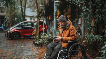 Elderly man in a wheelchair using a smartphone in the rain.の素材