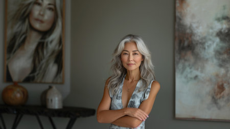 Portrait of a beautiful young woman with gray hair in the roomの素材