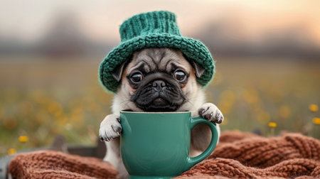 Cute pug puppy in a green hat with a cup of coffeeの素材