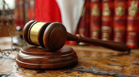 Law theme of Poland, mallet of judge, wooden gavel, books and polish flag on background.の素材