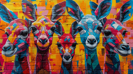 Graffiti wall with giraffes colorful.の素材