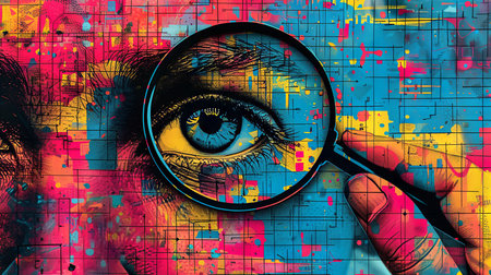 Close-up of human eye with magnifying glass on colorful backgroundの素材