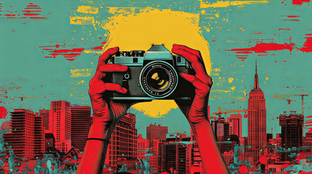 Hands holding retro camera on the background of the city. Retro styleの素材