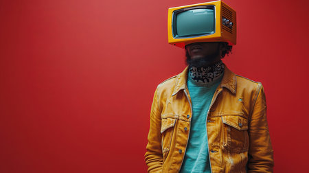 Young african american man in a yellow jacket with an old TV on a red backgroundの素材