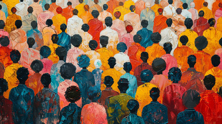 Group of people from different ethnicities in a crowd. Multicolored background.の素材