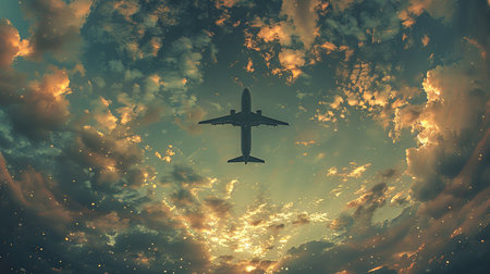 Airplane flying in the sky. 3d illustration. Conceptual image.の素材