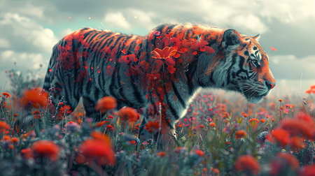 Beautiful tiger in the wild flower meadow. 3d renderingの素材