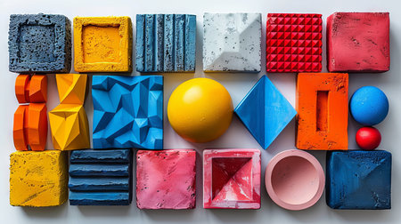 Colorful children's toys on a white background. Top view.の素材