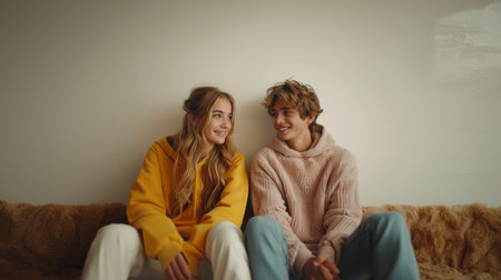 Young couple sitting on sofa in living room at home, looking at cameraの素材