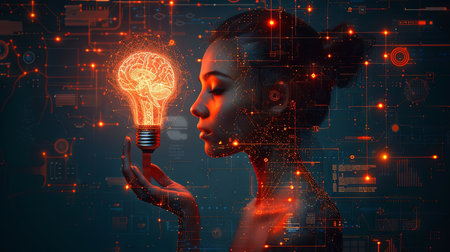 Woman with glowing brain on dark background. Artificial intelligence concept. 3D Renderingの素材