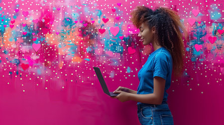 Beautiful young african american woman using laptop against pink backgroundの素材