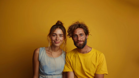 Portrait of a young couple in love on a yellow background.の素材