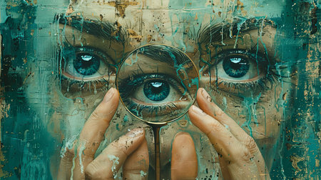 Close-up portrait of a girl with a magnifying glass.の素材