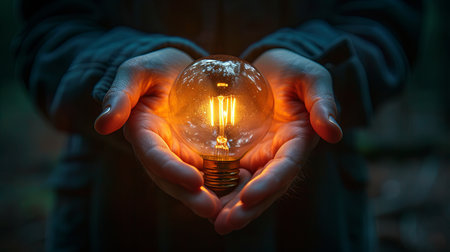 Man holding a glowing lightbulb in his hands. Eco concept.の素材