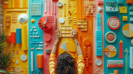 Top view of a young woman in a yellow jacket sitting on a colorful background and playing with geometric figuresの素材
