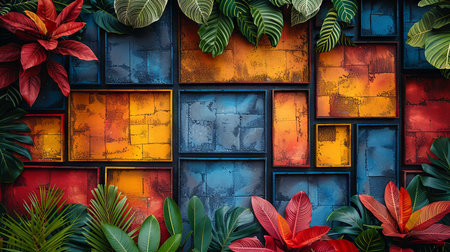 Colorful abstract background with tropical leaves and grunge brick wall.の素材