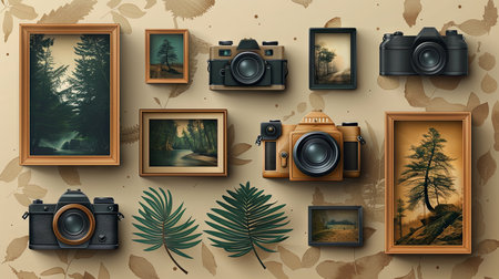 Realistic Detailed 3d Vector Icons Set. Collection of Photo Frames, Photo Frames and Tropical Leaves.の素材