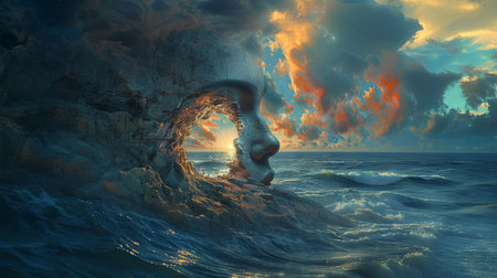 3D illustration of a stormy sea with big waves and skyの素材