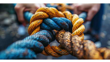 Close up shot of a rope with knots hanging from the ropes.の素材
