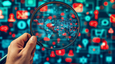 Man holding magnifying glass with world map on blurry background. 3D renderingの素材