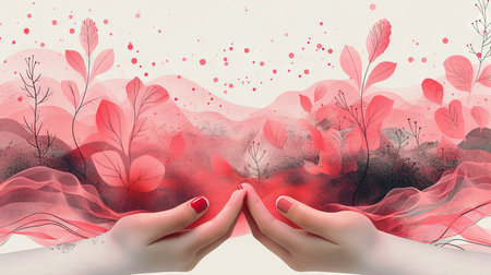 Digital composite of Hand with red and pink leaves and watercolor backgroundの素材
