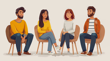 Group therapy addiction treatment. Characters counseling with psychologist on psychotherapist session. Cartoon people vector Illustrationの素材