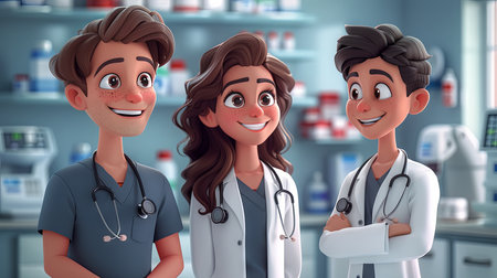 3d cartoon illustration of happy doctors team standing in a hospital.の素材