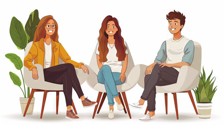 Group of young people sitting on chairs. Vector illustration in cartoon style.の素材
