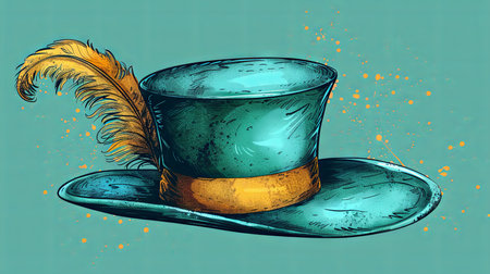 Illustration of top hat with feather and hat on turquoise backgroundの素材