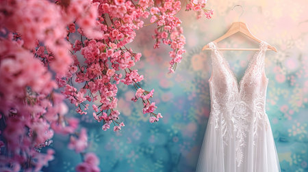 Wedding dress hanging on a wooden hanger against the background of spring flowersの素材
