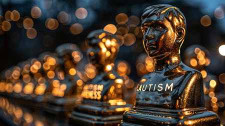 Golden autism statue with gold light bokeh background.の素材