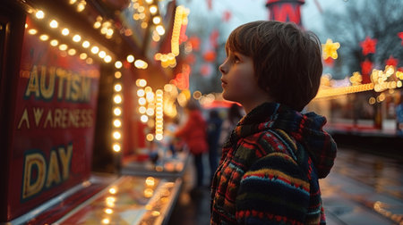 Cute little boy having fun at the market. Autism awareness day.の素材