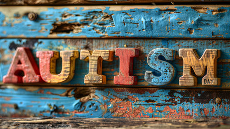 The word  autism written in wooden letterpress type on a vintage wooden background.の素材