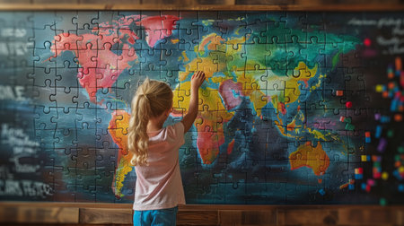 Cute little girl writing on world map against wooden wall with blackboard making from puzzles. World Autism Awareness Day.の素材