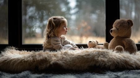 Little girl with teddy bear on the windowsill in the winterの素材
