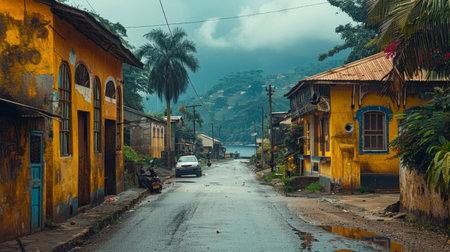 Colorful houses along the road in Sao Tome and Principe.の素材