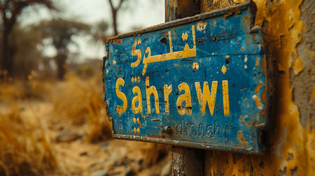 An old wooden sign in the desert of Sahrawi, Africa.の素材