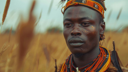 Portrait of young Masai warrior in traditional clothes in the fieldの素材