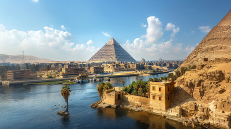 Panoramic view of the Pyramid of Khafre and Nile river in Cairo, Egyptの素材