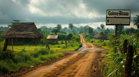 Country road in the countryside with a signboard.の素材