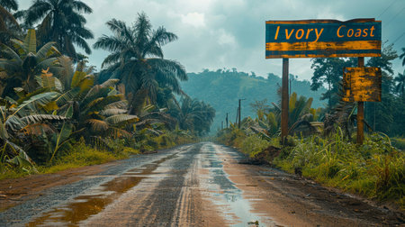 Country road in Sri Lanka with road sign and coconut palm trees.の素材
